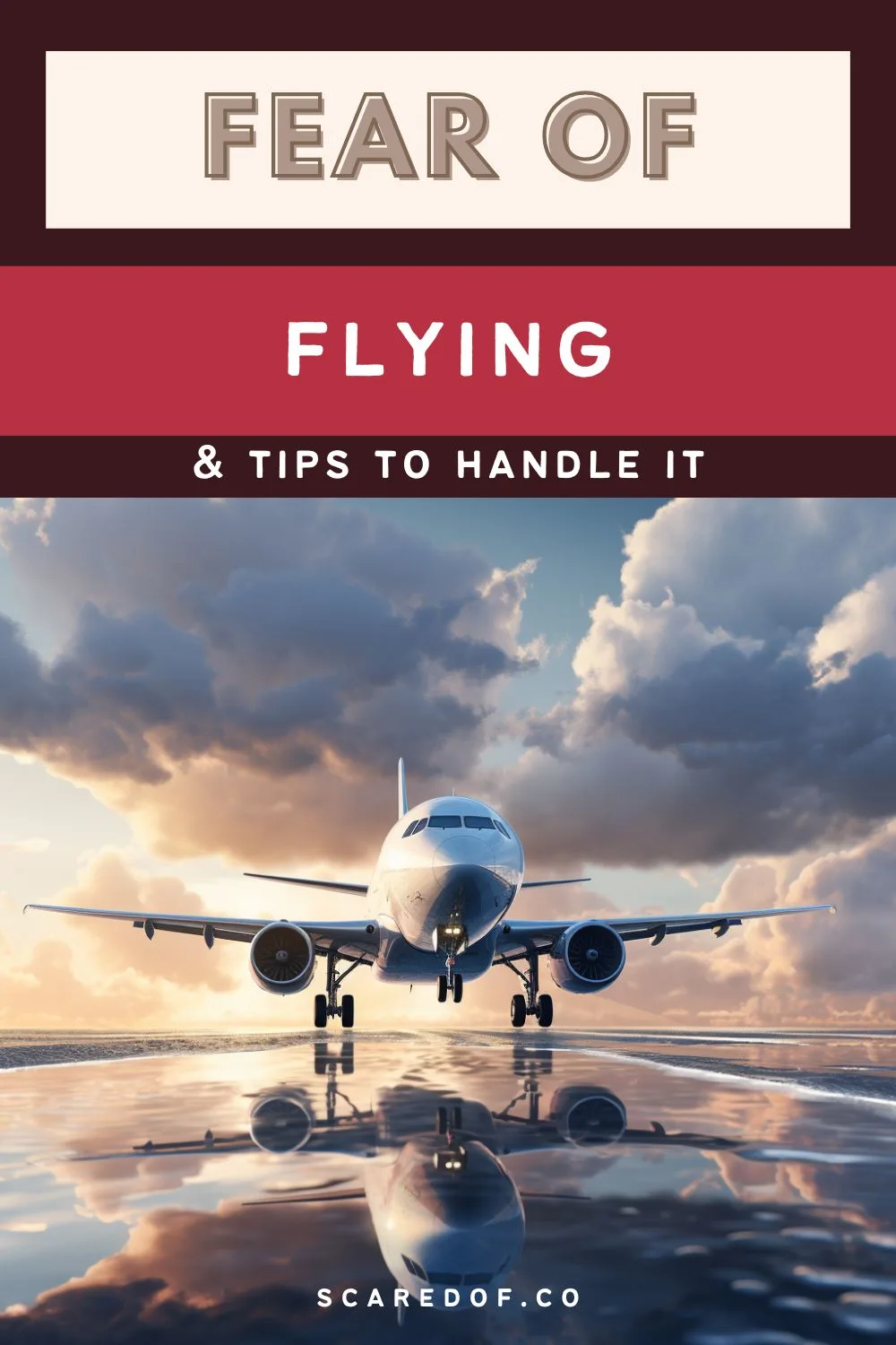 A plane landing while there is a water on the runway and clouds in the sky. 