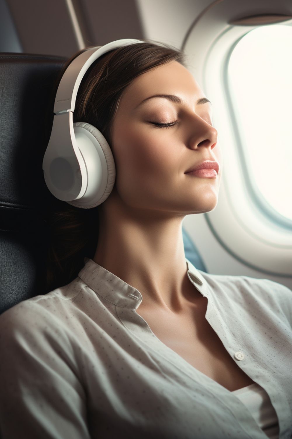 A women wearing headphones relaxing on a plane. 