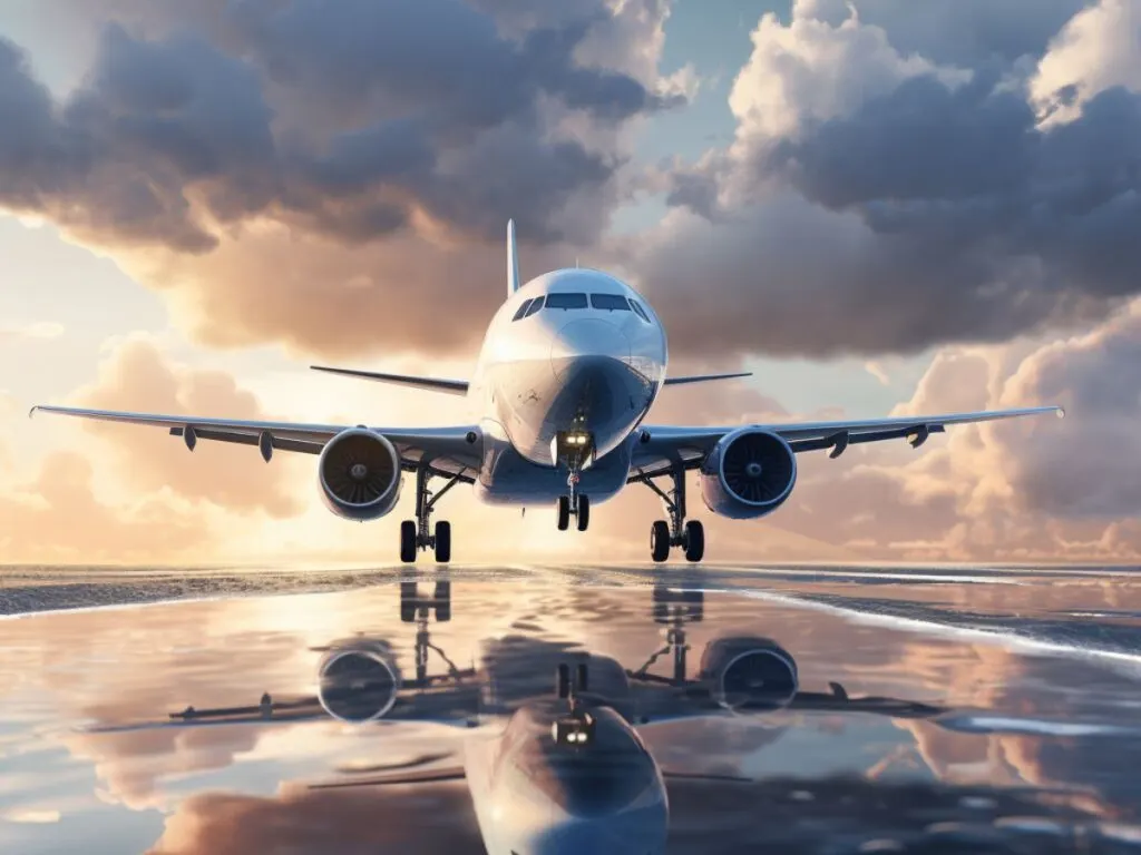 Airplane landing with water on the ground and clouds in the sky.